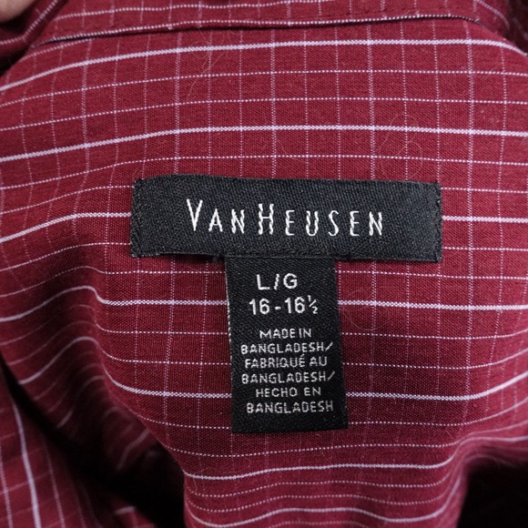 VAN HEUSEN LONG SLEEVE DARK RED CHECK BUTTON DOWN SHIRT MENS L 16-16.5 - Picture 6 of 7